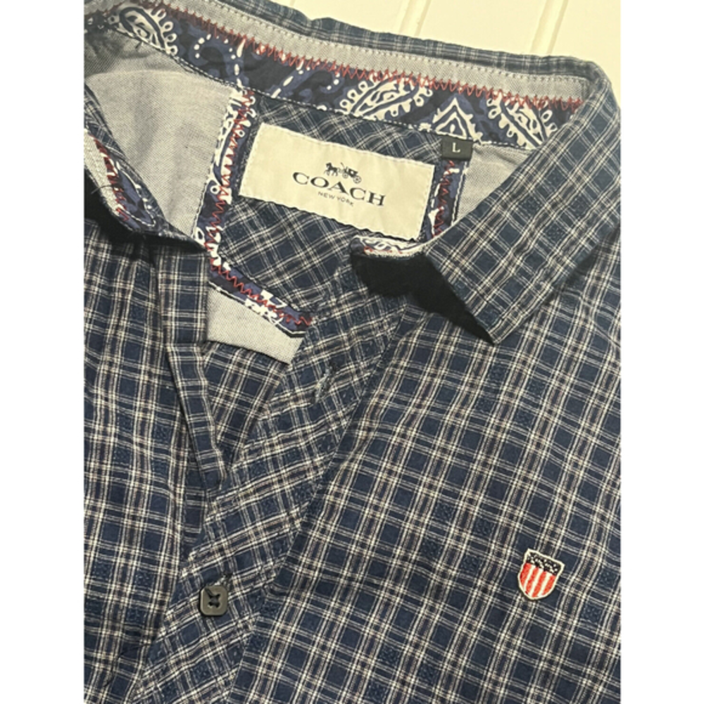 Coach Men's US‎ Large Long Sleeve Button Down Shirt 100% Cotton Plaid Blue B12